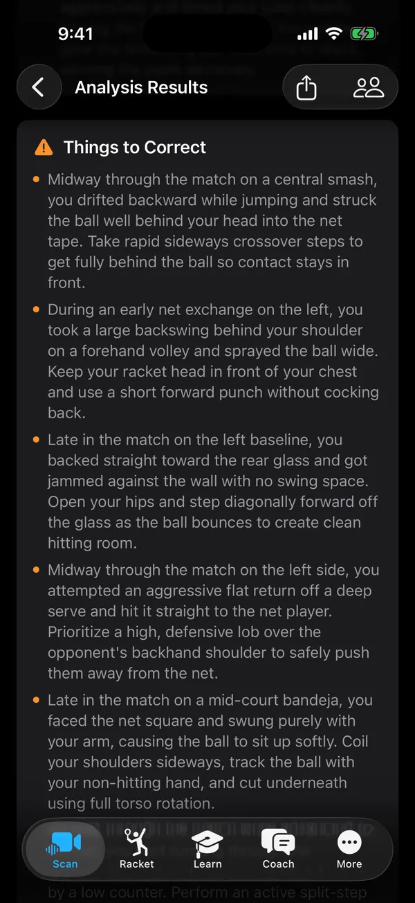 Padel AI corrections and drills