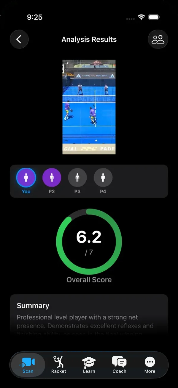 Padel AI analysis of a match video, with the four players to pick from